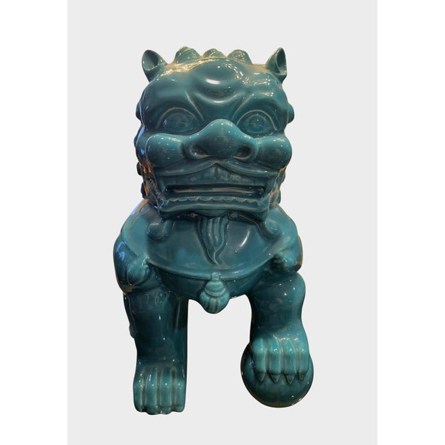 1990s 1990s Chinoiserie Teal Blue Ceramic Decorative Foo Dog Statue Room Decor For Sale - Image 5 of 6