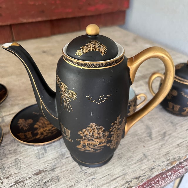 1960s Vintage Kutani China Hand-Painted Black & Gold Japanese Tea Set With Teapot & Cups - Set of 15 For Sale - Image 5 of 18