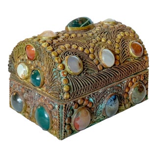 Antique Tibetan Bronze Filigree and Gemstone Agate Inlaid Jeweled Jewelry Box For Sale