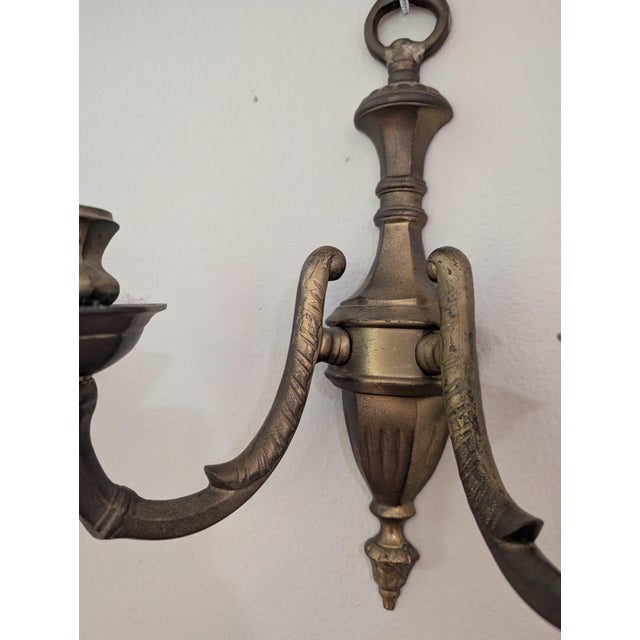 1970s Vintage Pair of Brass Double Arm Wall Candle Scones - a Pair For Sale - Image 5 of 12