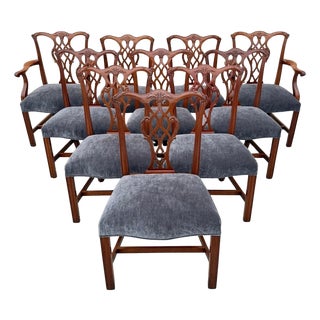 Antique Chippendale Style Mahogany Carved Fretwork Dining Chairs - Set of 10 For Sale