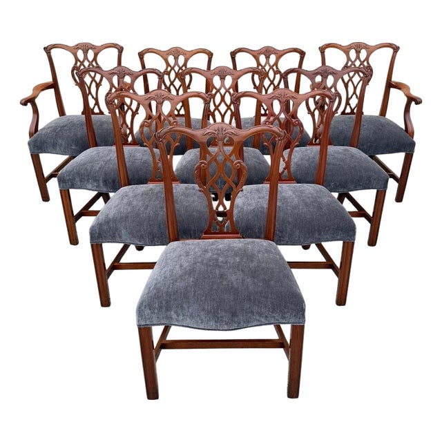 Antique Chippendale Style Mahogany Carved Fretwork Dining Chairs - Set of 10 For Sale