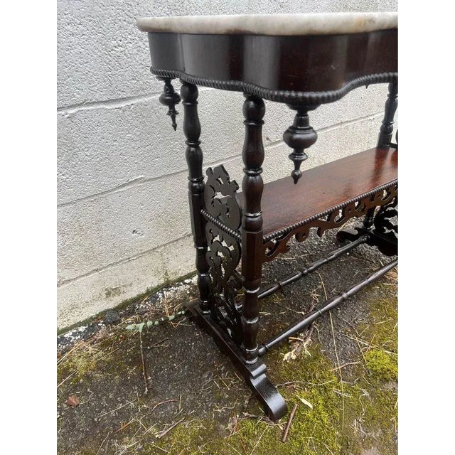 Brown Victorian White Marble Top Walnut Wpool Turned.Leg Stand Table, Circa 1870s For Sale - Image 8 of 8