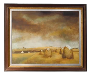 Frank Bogaert, Hay Landscape, 1950s, Oil on Board, Framed
