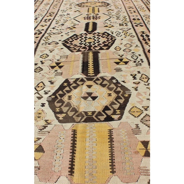 Mid 20th Century Mid 20th Century Vintage Turkish Kilim Gallery Rug With Tribal Design in Brown Pink and Yellow For Sale - Image 4 of 13