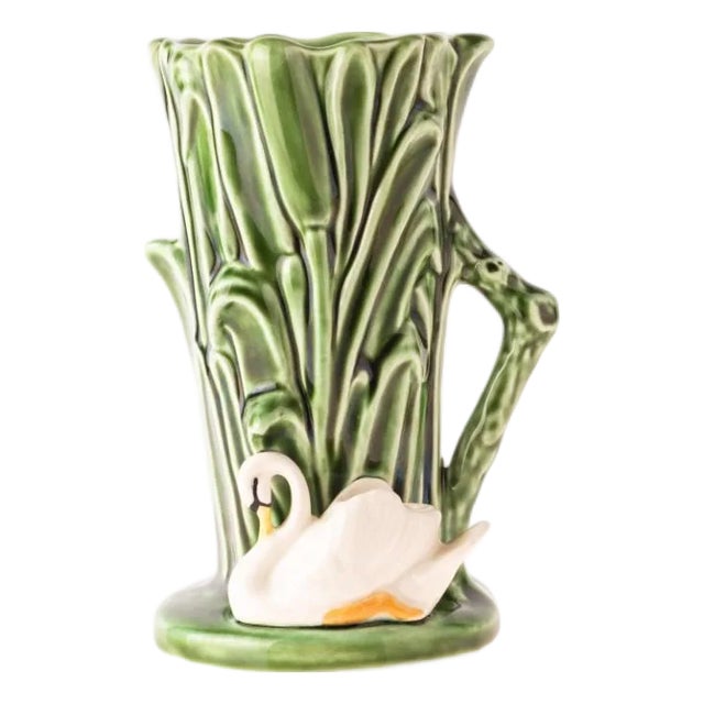Mid-Century SylvaC Polychrome Ceramic Majolica Vase with Swan For Sale