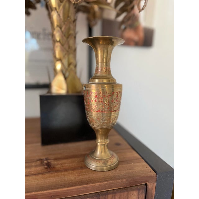 1970s 1970s Vintage Brass Kashmiri Botanical Enameled Vase For Sale - Image 5 of 5
