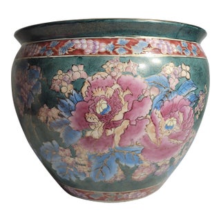 Vintage English Traditional Floral Jardinière | 17" Statement Vessel With Teal, Pink, Blue & Gold For Sale