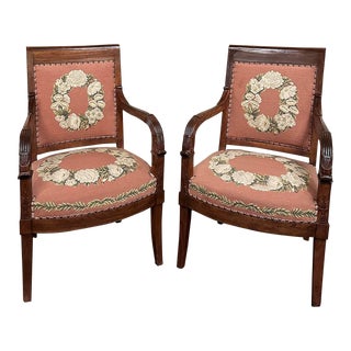 Pair 19th Century French Mahogany Empire Armchairs With Needlepoint Tapestry For Sale