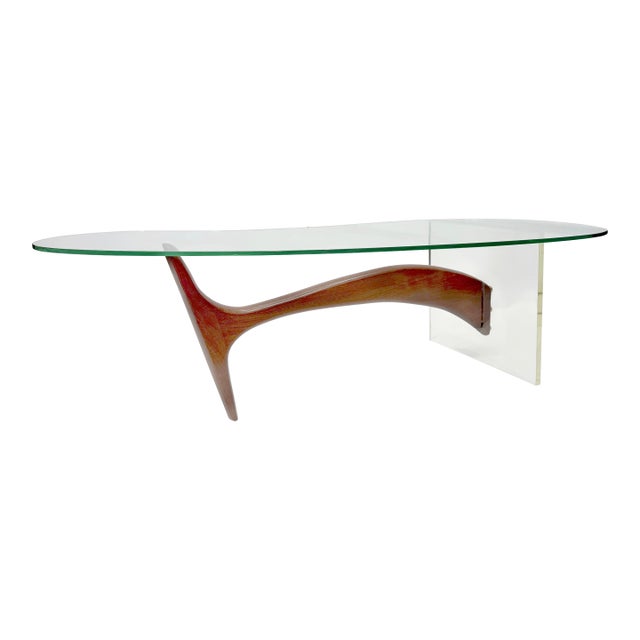 Vladimir Kagan Style Kidney-Shape Lucite and Walnut Coffee Table For Sale