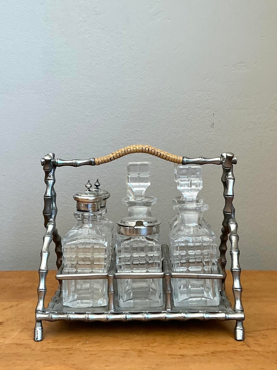Vintage 19th Century Sheffield Bamboo Plate Cruet Set of 7 - Back view