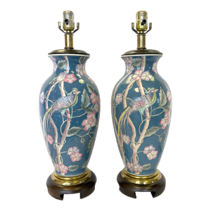 Vintage Frederick Cooper Ceramic Lamps With Exotic Bird Motif- A Pair