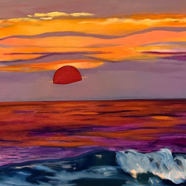 A deep red sun rests low on the horizon in this oil on canvas, its half-circle form glowing against layered bands of...