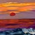 A deep red sun rests low on the horizon in this oil on canvas, its half-circle form glowing against layered bands of...