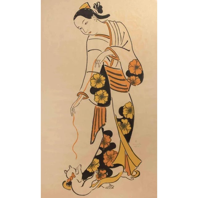 1920s Leonard Tsuguharu Foujita, Geisha Playing with a Kitten, Lithograph, 1926 For Sale - Image 5 of 5