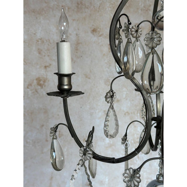 Bronze Small French Chandelier With Glass Pendants and Decorations For Sale - Image 8 of 12
