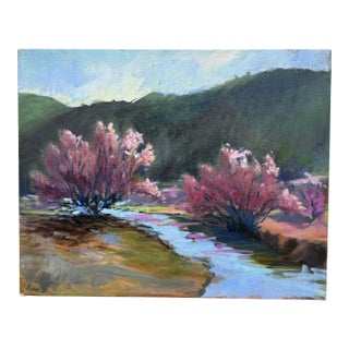 Pulich Oil on Canvas Landscape Painting of Creek + Pink Blossoms For Sale