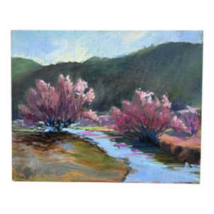 Pulich Oil on Canvas Landscape Painting of Creek + Pink Blossoms