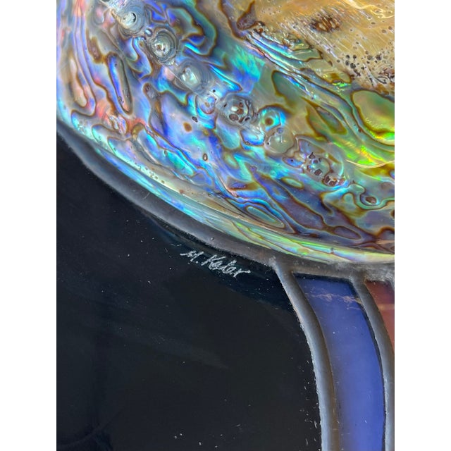 Vintage Signed Stained Glass Round Panel With Abalone Shell, Hanging Wall Art Suncatcher For Sale - Image 9 of 12
