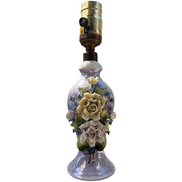 Hollywood Regency Vintage German Porcelain Floral Table Lamp With Applied Roses, Lavender & Blue For Sale - Image 3 of 5