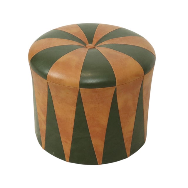 Vintage Round Pouf in Green and Brown Two-Tone Skai, 1960s For Sale - Image 3 of 11