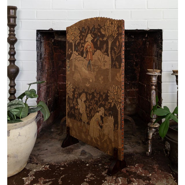 Early 20th Century Upholstered English Arts and Crafts Firescreen With Medieval Harvest Scene For Sale - Image 5 of 14