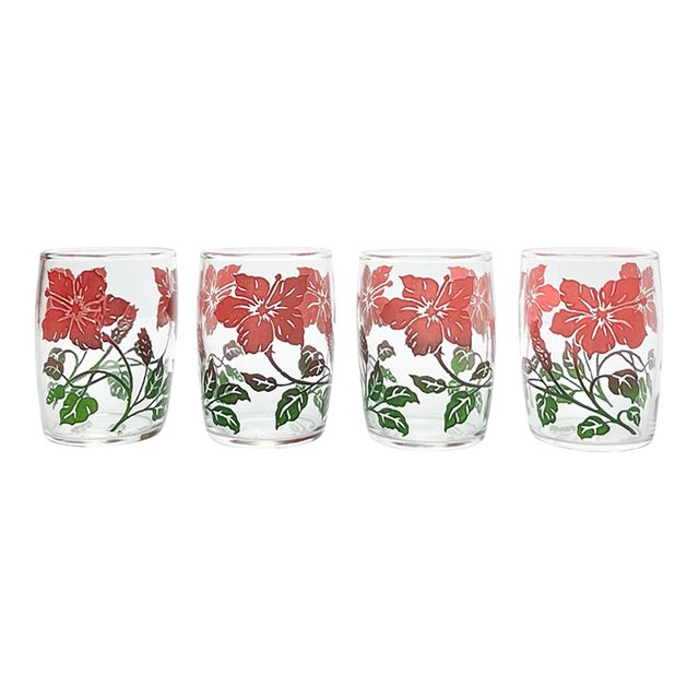 1970s “Red Hibiscus” Small Juice Tumbler Glasses - Set of 4 For Sale