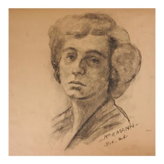 Vintage Charles Normann Charcoal Female Portrait Drawing For Sale