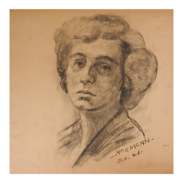 Vintage Charles Normann Charcoal Female Portrait Drawing For Sale