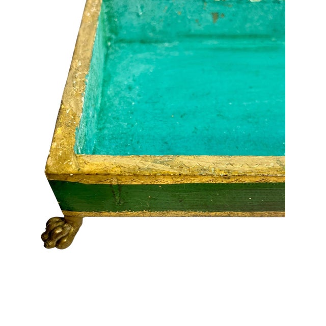 Vintage Italian Gilt and Green Painted Box With Metal Lion Paw Feet and Metal Laurel Wreath For Sale - Image 12 of 17