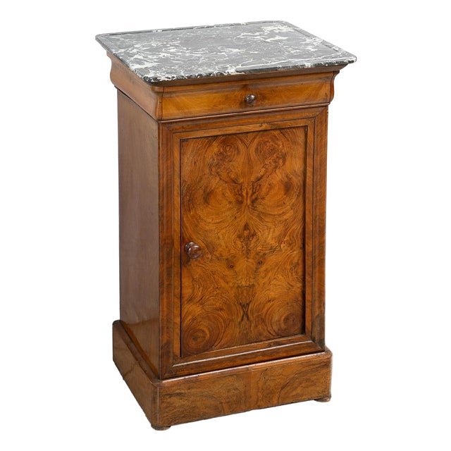 Antique Louis Philippe Bedside Table in Walnut Burl with Gray Marble Top, France, 19th Century For Sale