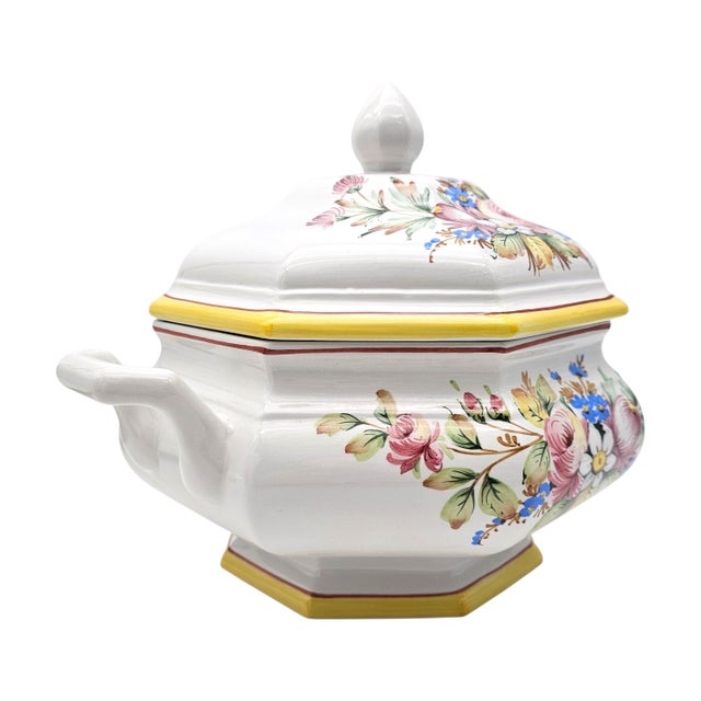 Ceramic Italian Hand-Painted Porcelain Soup Tureen Set, Octagonal Floral, 16" For Sale - Image 7 of 18