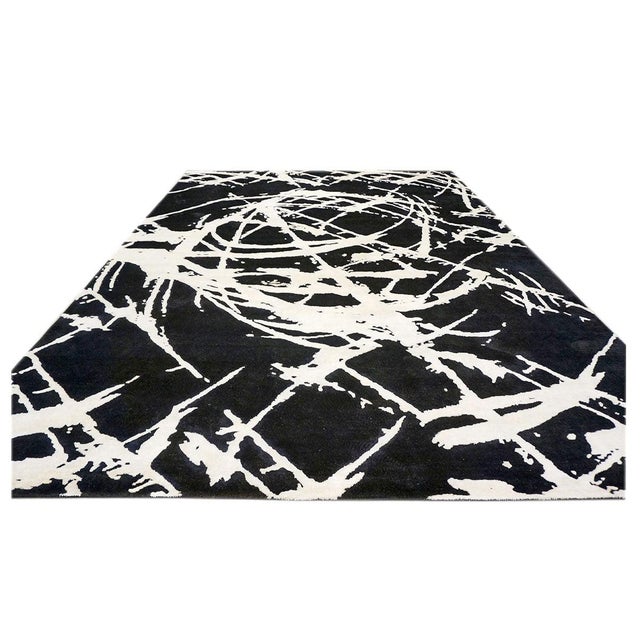 Indian Indian Modern Orba Wool & Silk 9x12 Black & White Handmade Area Rug #1144033 For Sale - Image 3 of 5