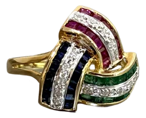Sapphire, Emerald, Ruby and Diamond 14k Gold Cocktail Ring