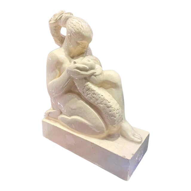 Early 20th Century Art Deco "Eve and the Serpent" Ceramic Sculpture by Marcel Merignargues For Sale