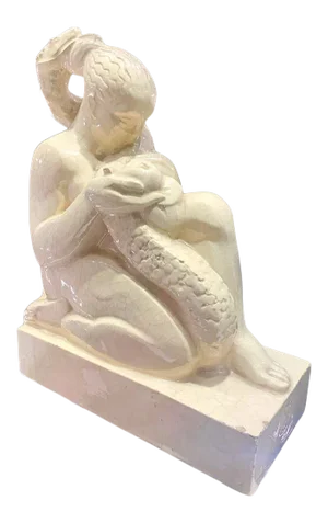 Early 20th Century Art Deco "Eve and the Serpent" Ceramic Sculpture by Marcel Merignargues
