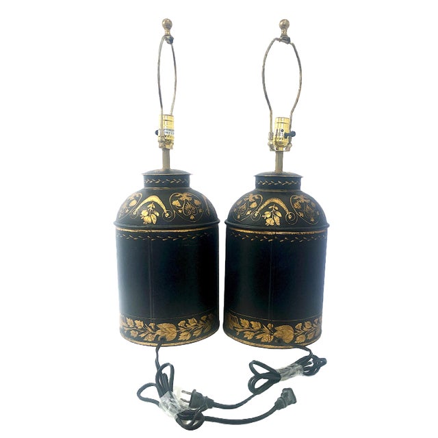 Victorian Pair of Antique Tole Brown and Gilt Decorated Tea Canisters as 20th-Century Lamps For Sale - Image 3 of 13