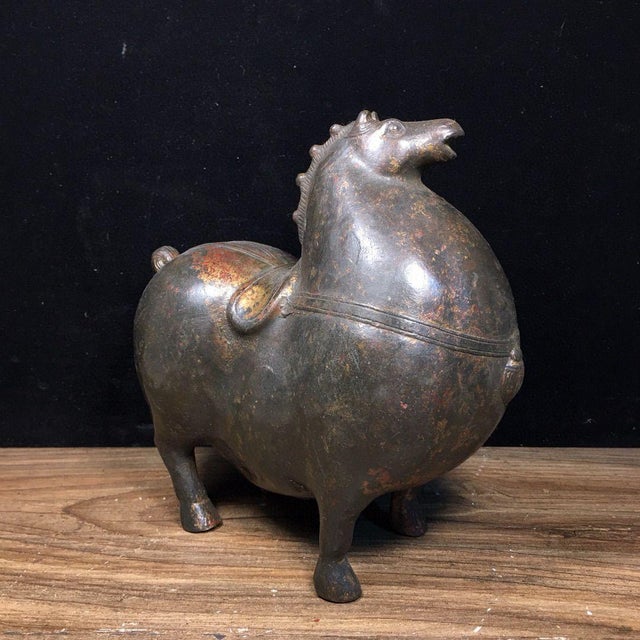 Metal Antique Bronze Tang Style Horse Sculpture – 6.5" Gilt & Red Pigment Figure For Sale - Image 7 of 9