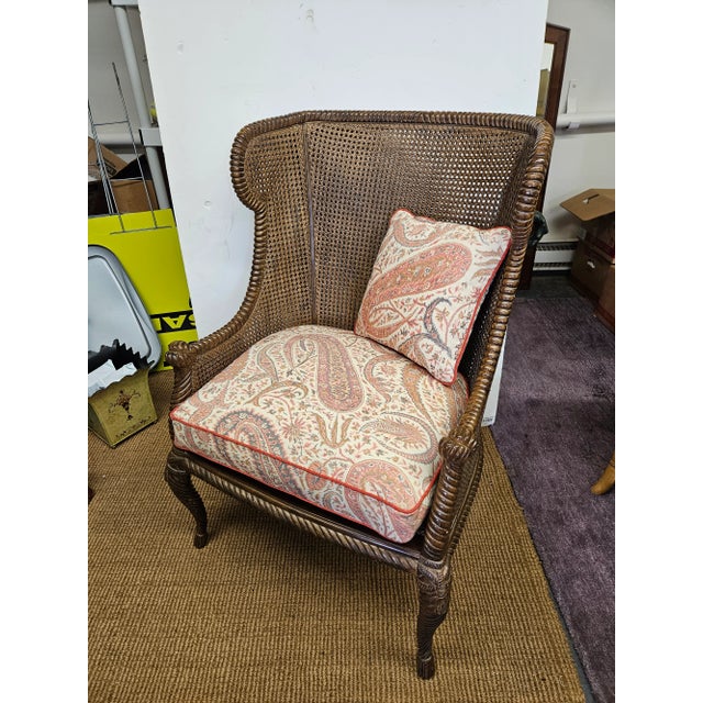 Brown Vintage Cane Wingback Chair With a Rope Carved Frame and a Linen Paisley Down Cushion For Sale - Image 8 of 9
