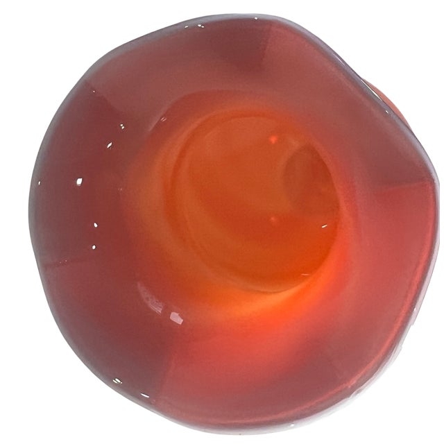 Glass 13 3/4 In. Tall Vintage Bulbous Scalloped Rim Cased White Orange Art Glass Vase For Sale - Image 7 of 15