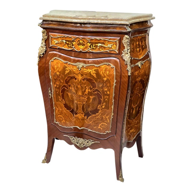 Louis XVI Style Marble Top Commode Cabinet – Luxury Marquetry With Gold Leaf Details For Sale