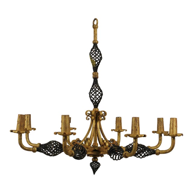 Neoclassical 8 Arm Iron Black & Gold Chandelier For Sale