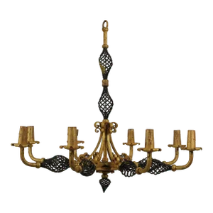 Neoclassical 8 Arm Iron Black & Gold Chandelier