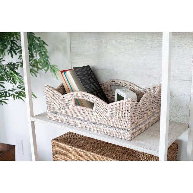 Artifacts Rattan Rectangular Scalloped Shelf Basket - White Wash For Sale - Image 4 of 7