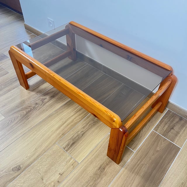 Coffee Table in Pine with Smoked Glass Top, 1970s For Sale - Image 9 of 18