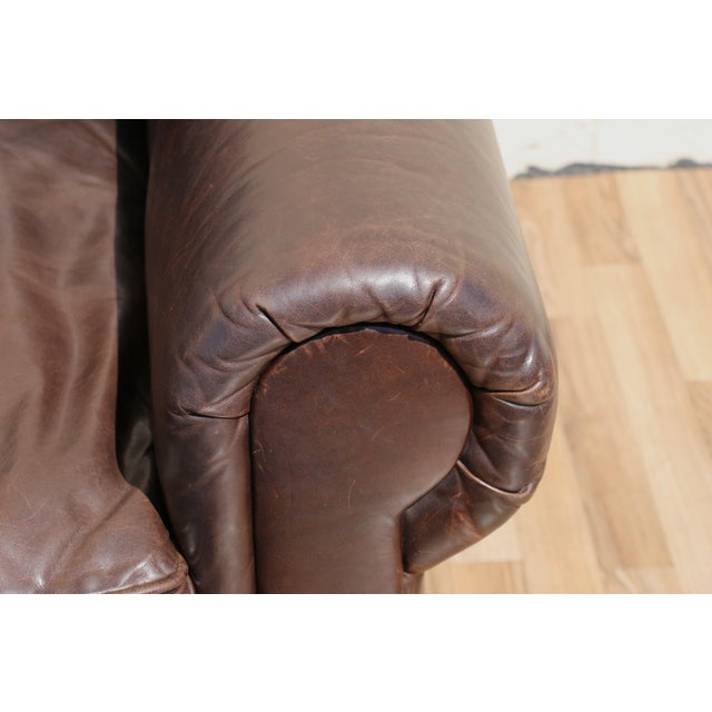 Restoration Hardware Brown Leather Three-Seat Sofa | Vintage Modern Down-Filled Cushions For Sale - Image 14 of 18