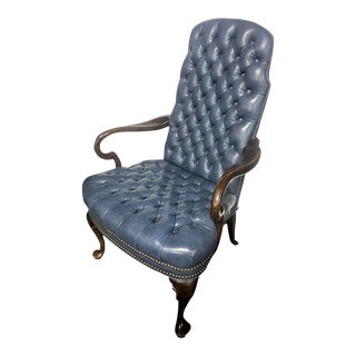 Mid 20th Century Ethan Allen Tufted Cornflower Blue Leather Arm Chair For Sale