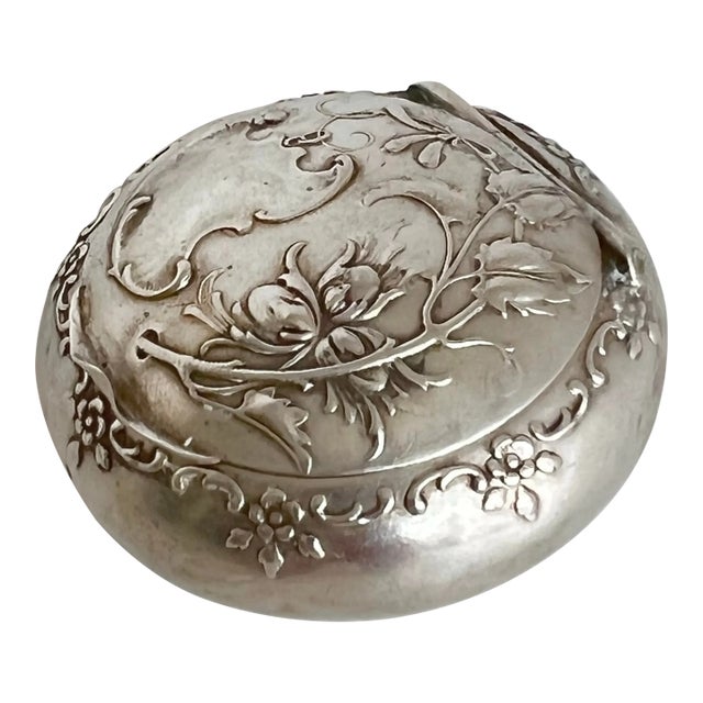 Antique Art Nouveau Repoussé Silver 800 Pill Box With Gilt Interior, Circa 1900 For Sale