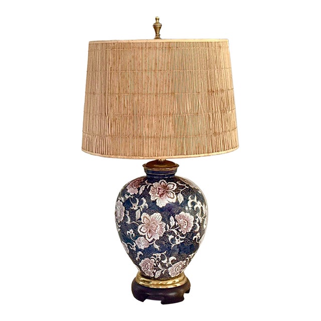 Frederick Cooper Vintage Dark Blue Floral Lamp For Sale