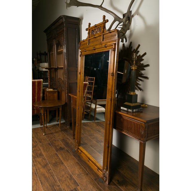 Large English Faux-Bamboo Walnut Mirror Made of 1900s Doors with Carved Ivy For Sale - Image 4 of 12